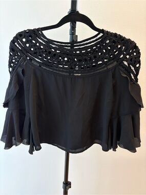 H&M Black Crochet Yoke Flutter Sleeve Crop Blouse